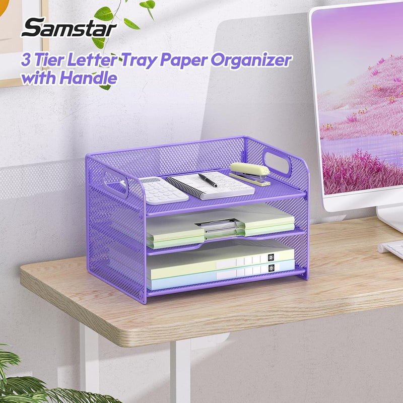 Samstar 3 Tier Purple Letter Tray Paper Organizer with Handle, Mesh Desk Organizer Paper Sorter File Rack Shelves, Purple - Image 2